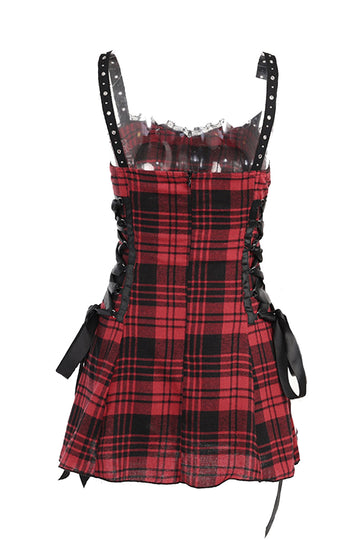 Spaghetti Straps Plaid Rouge Robe Vintage avec dentelle